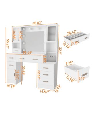 Makeup Vanity Desk with Mirror, Lights, Charging Station, 7 Drawers and 3 Cabinets