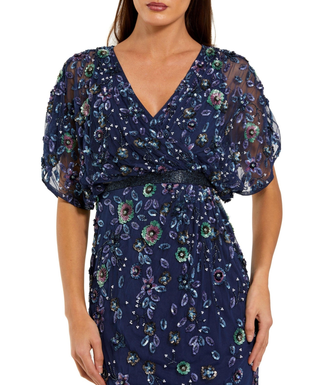 Mac Duggal Women's Floral Embellished Short Sleeve Blouson Gown