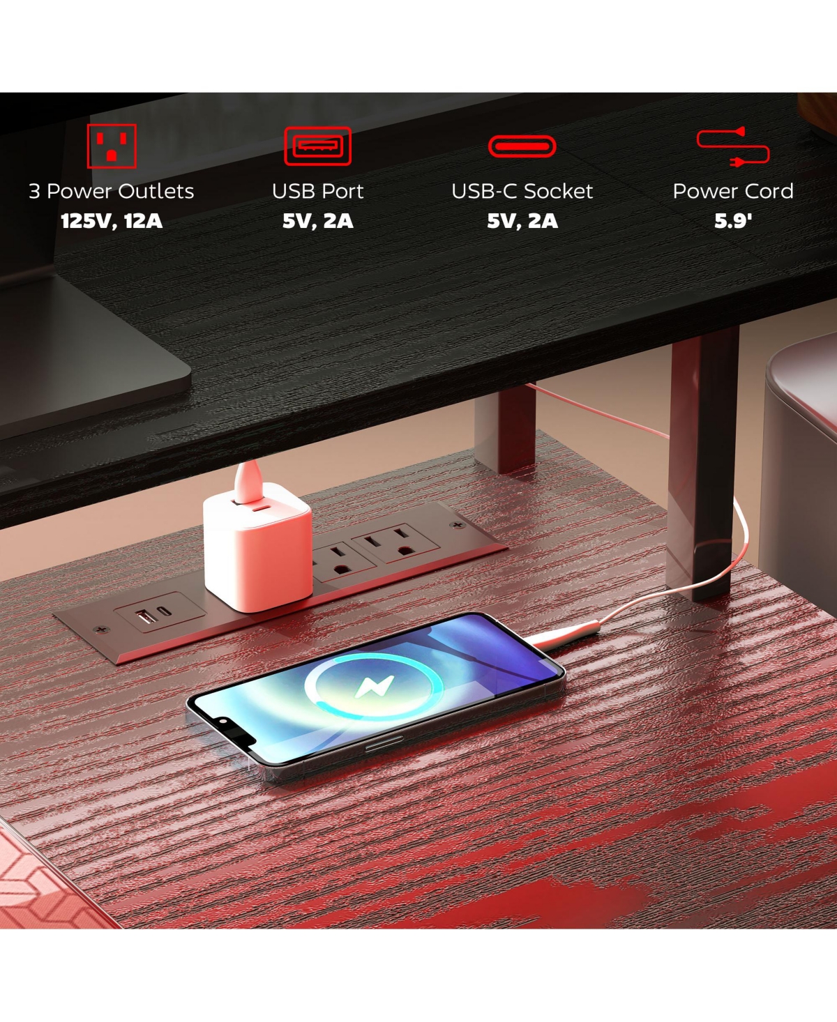 67" Computer Desk Home Office with File Cabinet Lights