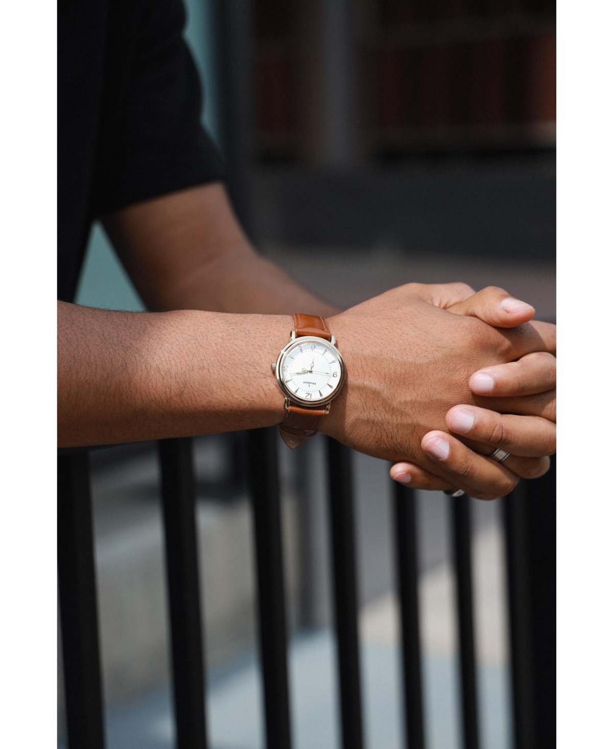 Peugeot Men 38mm Gold Retro Design Calf Skin Leather Strap watch