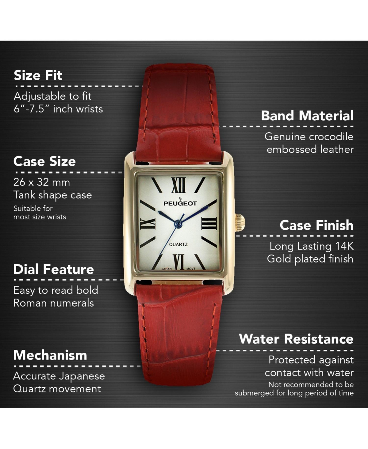 Peugeot Women's Tank Watch Roman Dial Red Leather Strap