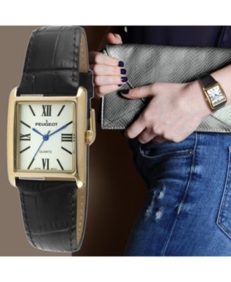 Women's Tank Watch Roman Dial Black Leather Strap