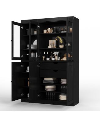 100% Solid Wood Pantry China Cabinet, Clear Glass Doors, Adjustable Shelves, 48.5" Wide, 71.5" Tall