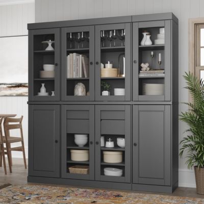 100% Solid Wood Tall Kitchen Pantry Cabinet with Glass and Raised Panel Doors, 2 Drawers