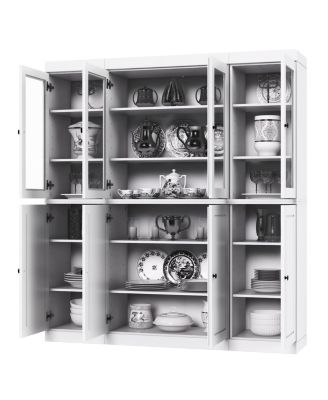 100% Solid Wood Pantry China Cabinet, Raised Panel & Clear Glass Doors, Adjustable Shelves, 65" Wide, 71.5" Tall