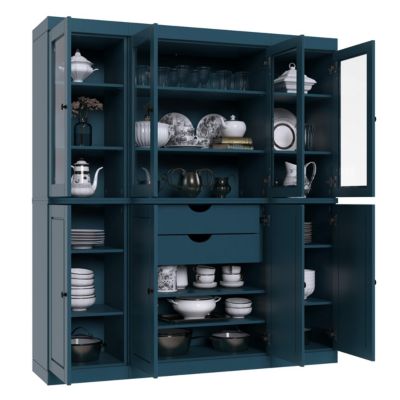 100% Solid Wood Tall Kitchen Pantry Cabinet with Glass and Raised Panel Doors, 2 Drawers