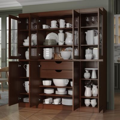 100% Solid Wood Tall Kitchen Pantry Cabinet with Glass and Raised Panel Doors, 2 Drawers