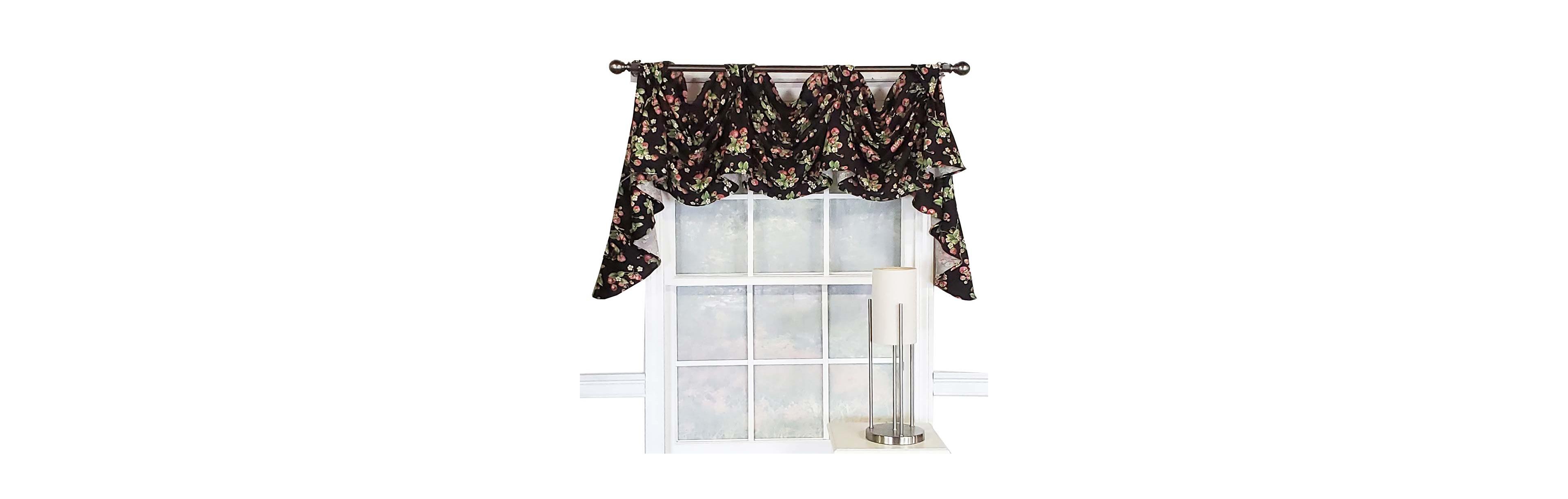 Rlf Home Strawberry Fields 3-Scoop Victory Swag Window Valance with 4" Top Tabs 50" x 18" Black