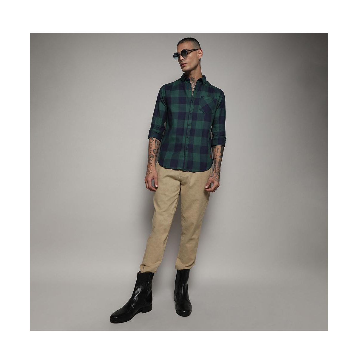 Campus Sutra Men's Navy Blue & Forest Green Buffalo Check Shirt
