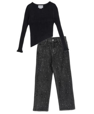 Rare Editions - Girls 7-16 2-Piece Asymmetrical Top with Rhinestone Embellished Wide Leg Denims Set