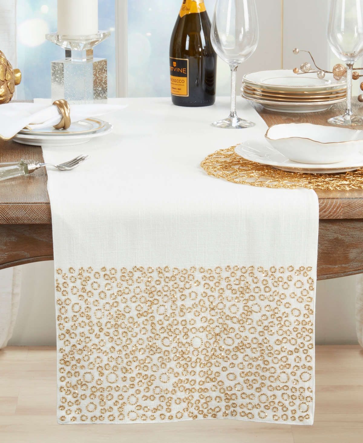 Saro Lifestyle Beaded Band Table Runner, 16" X 72" In White