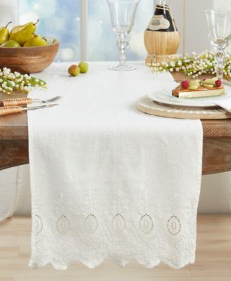 Linen Stonewashed Embroidered Linen Table Runner, 16" x 72"