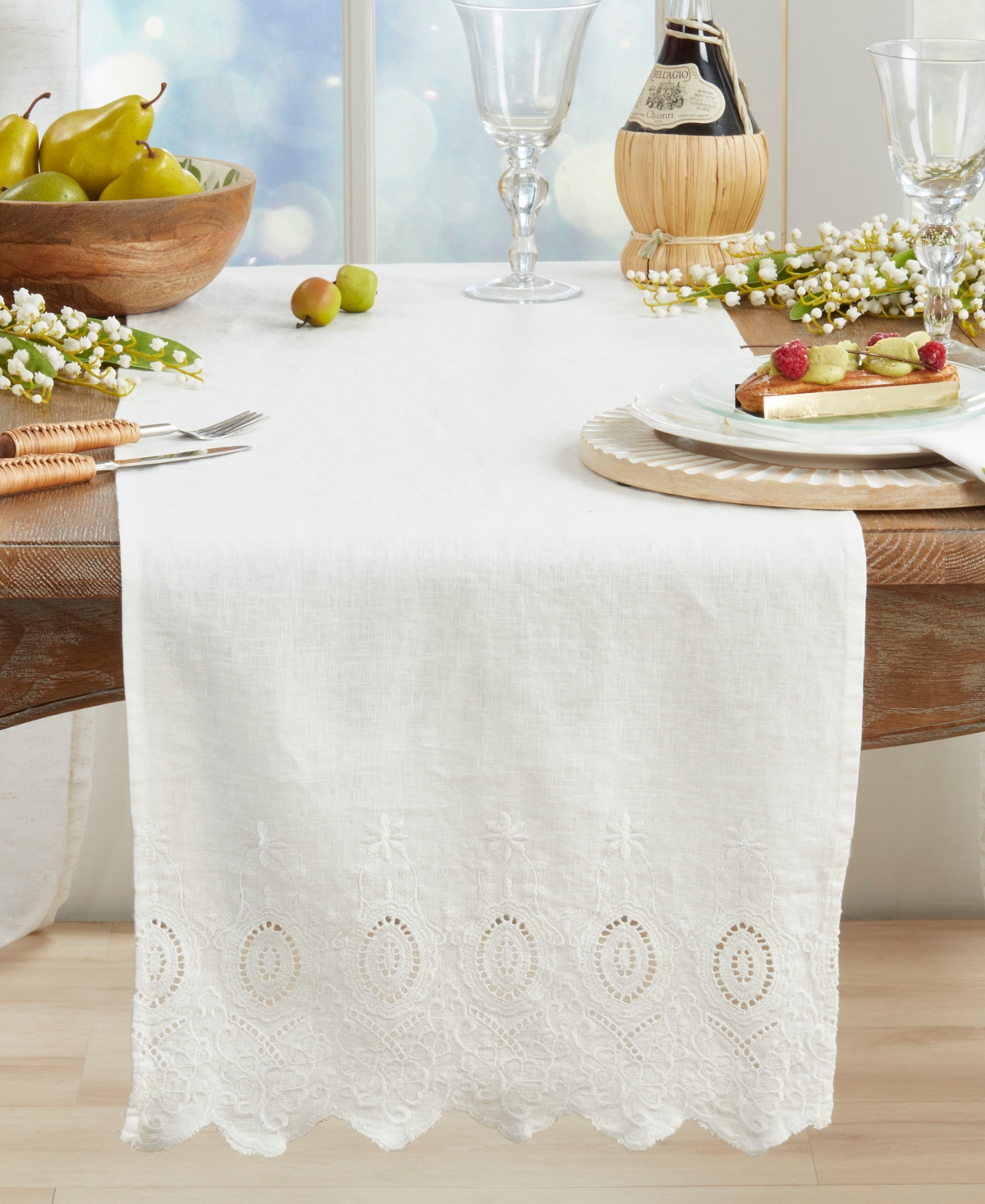 Saro Lifestyle Linen Stonewashed Embroidered Linen Table Runner, 16" x 72"