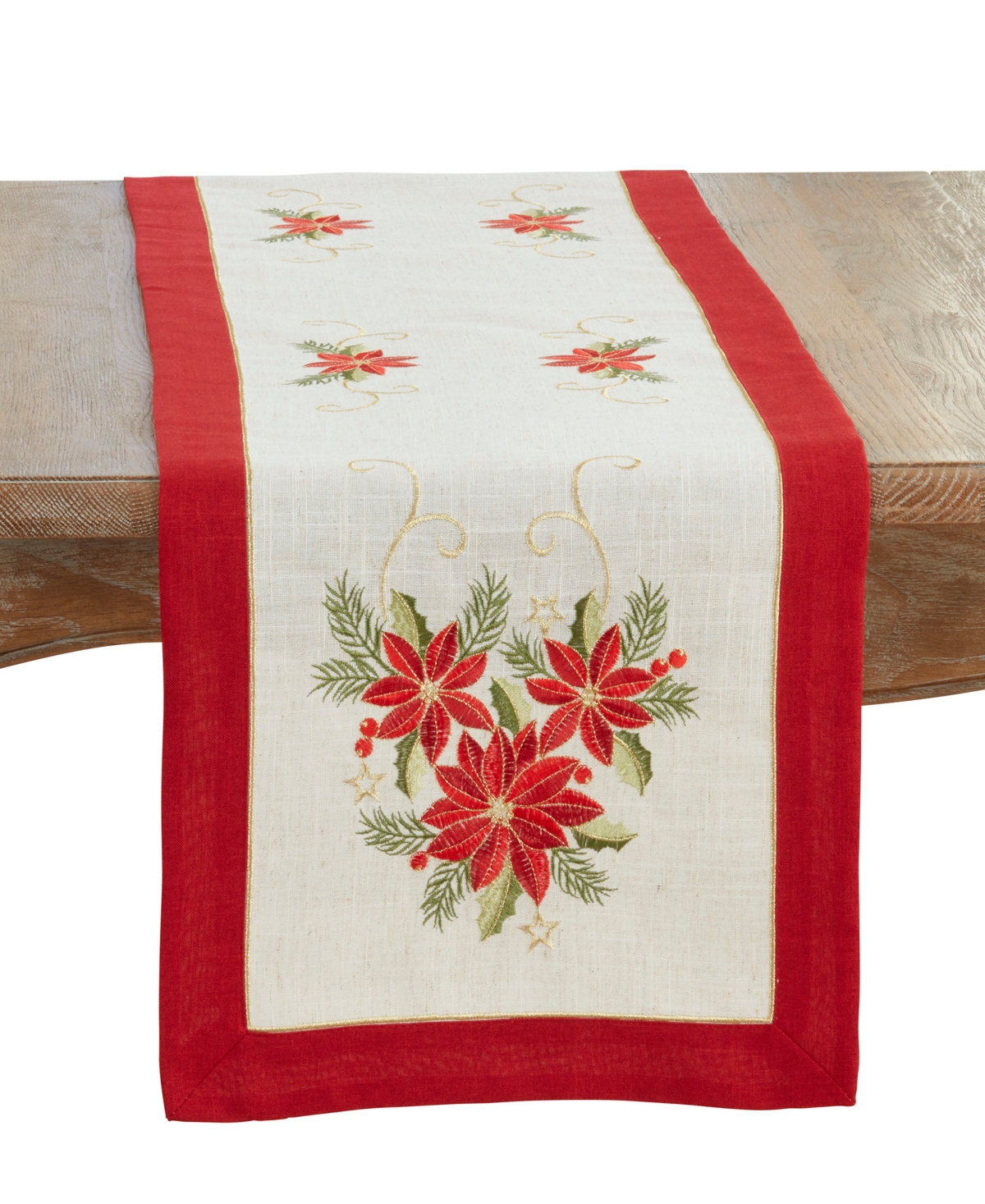 Saro Lifestyle Linen Blend Embroidered Poinsettia Table Runner, 16" x 72"