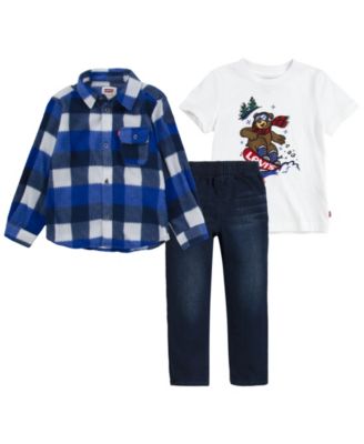 Levi's - Boys Toddler 2T-4T Plaid Button Up Shirt, T-Shirt and Pants Set