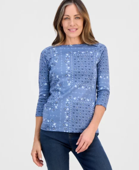 Peite Printed Boat-Neck Pima Cotton Top - Militia Blue Combo