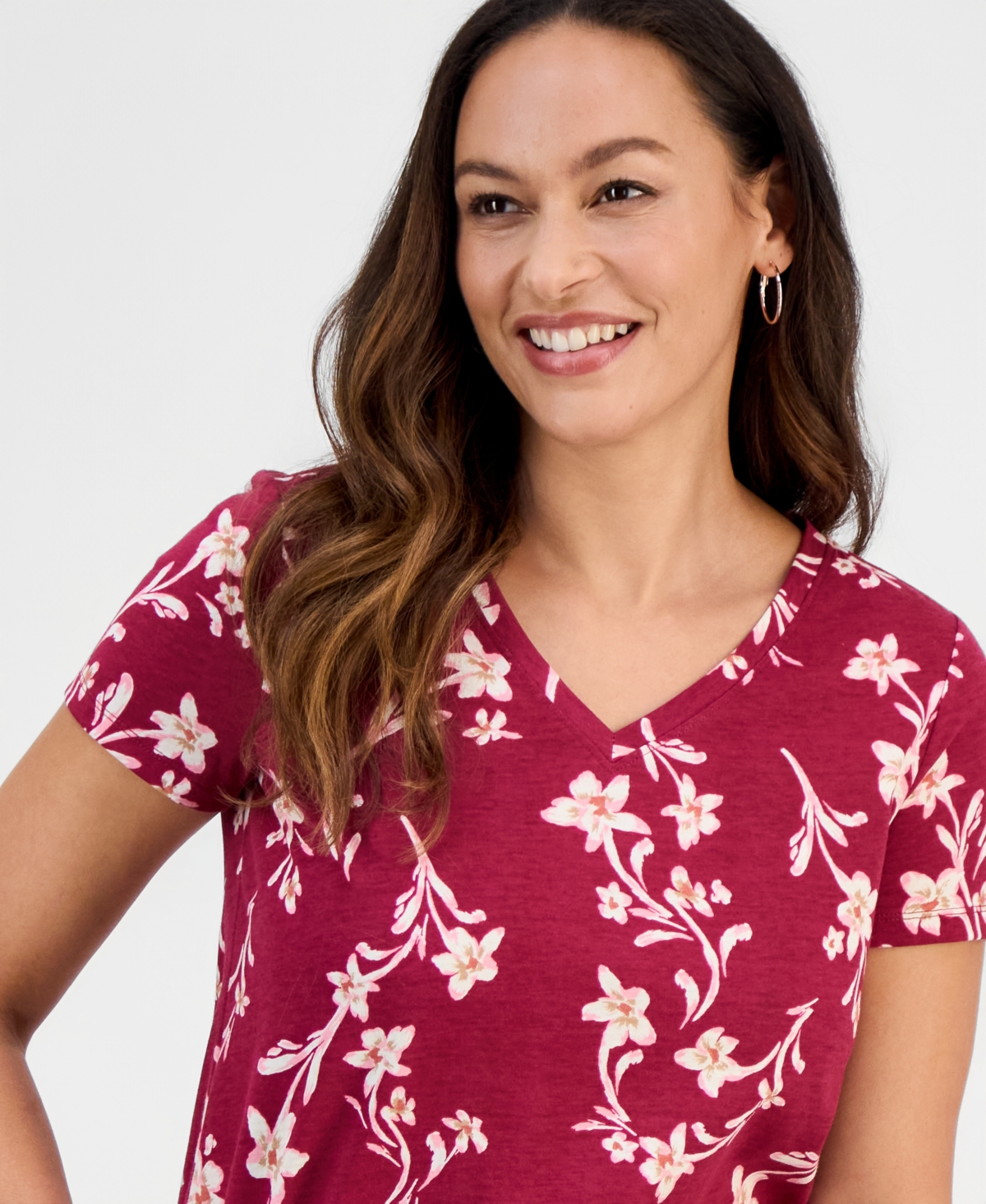 Style & Co Petite Floral Sketch Perfect T-shirt, Macy's Exclusive In Red