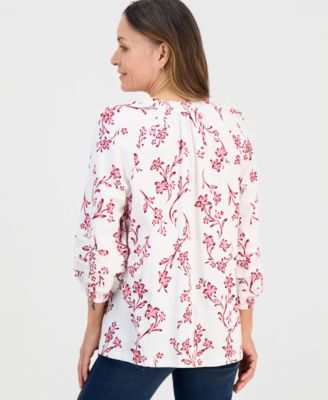 Petite Smock-Neck Floral-Print Blouse