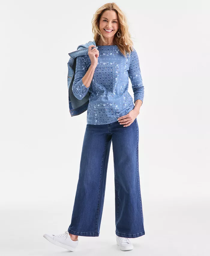 Women's Printed Pima Cotton 3/4 Sleeve Boat-Neck Top - thumbnail 2