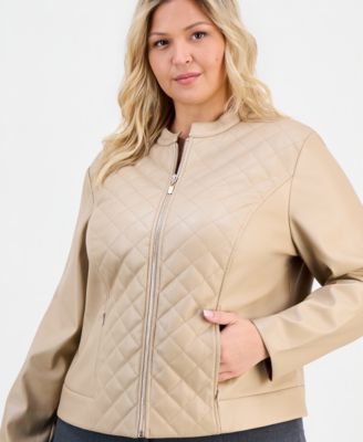 Plus Size Faux-Leather Quilt-Front Zip-Front Jacket 