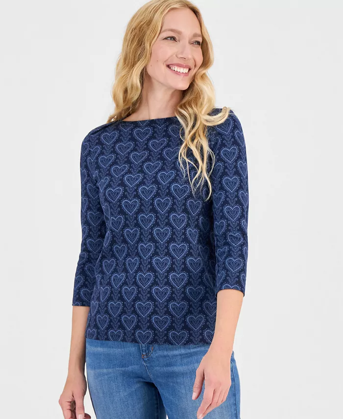 Women's Printed Pima Cotton 3/4 Sleeve Boat-Neck Top - thumbnail 4
