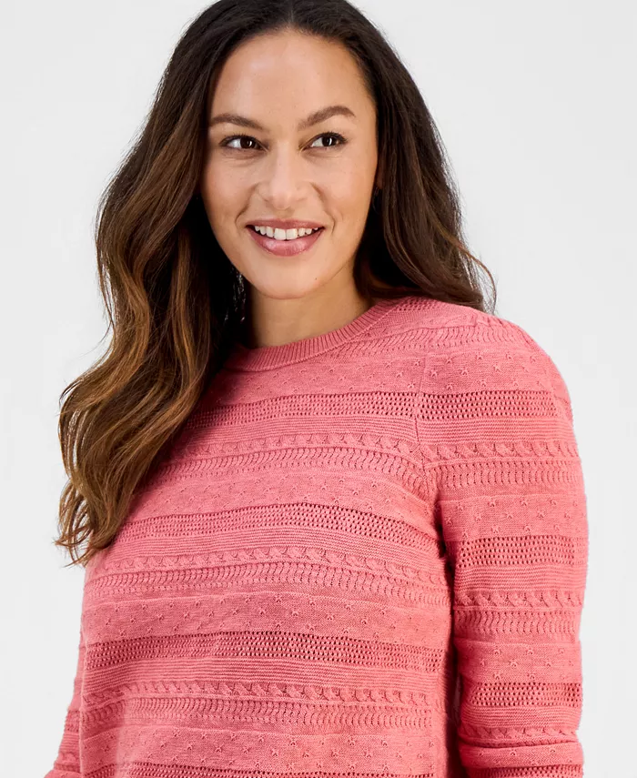 Petite Crewneck Pointelle Long-Sleeve Sweater - thumbnail 3
