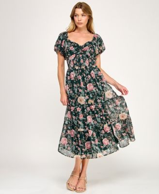 Juniors' Puff Sleeve Twist Front Midi Dress