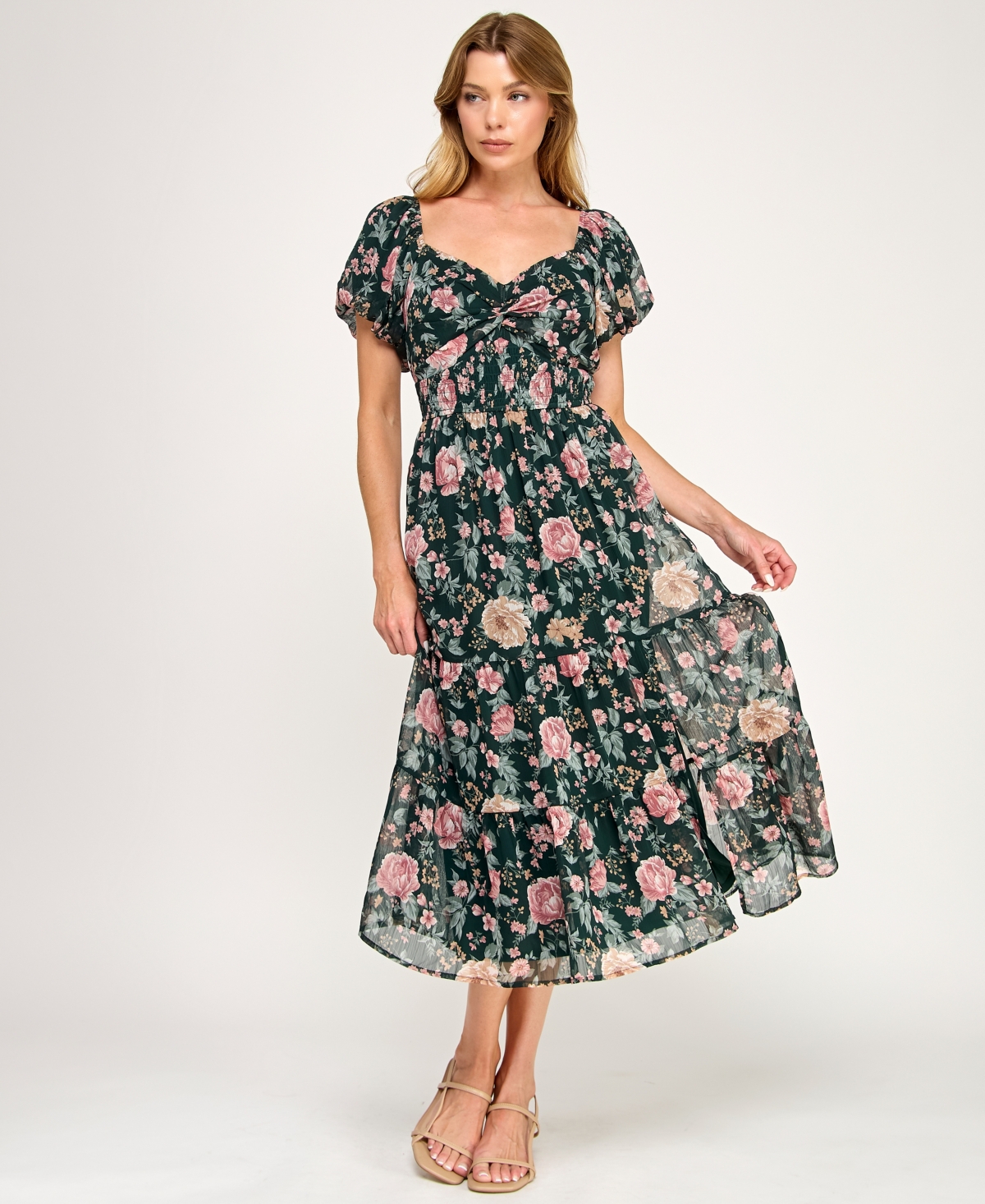 Trixxi Juniors' Puff Sleeve Twist Front Midi Dress