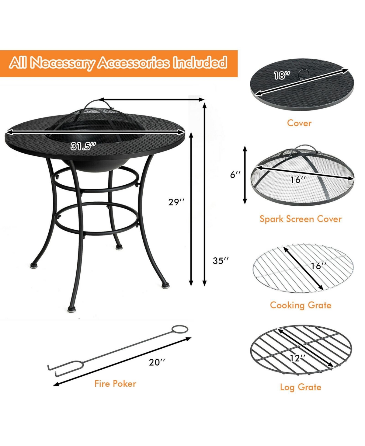 Mecale 31.5 Inch Patio Fire Pit Dining Table With Cooking Bbq Grate