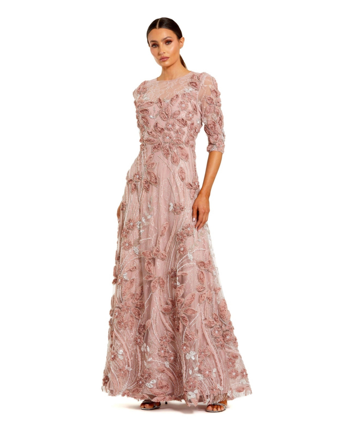 Mac Duggal Women's 3/4 Sleeves High Neck Embellished Lace Gown