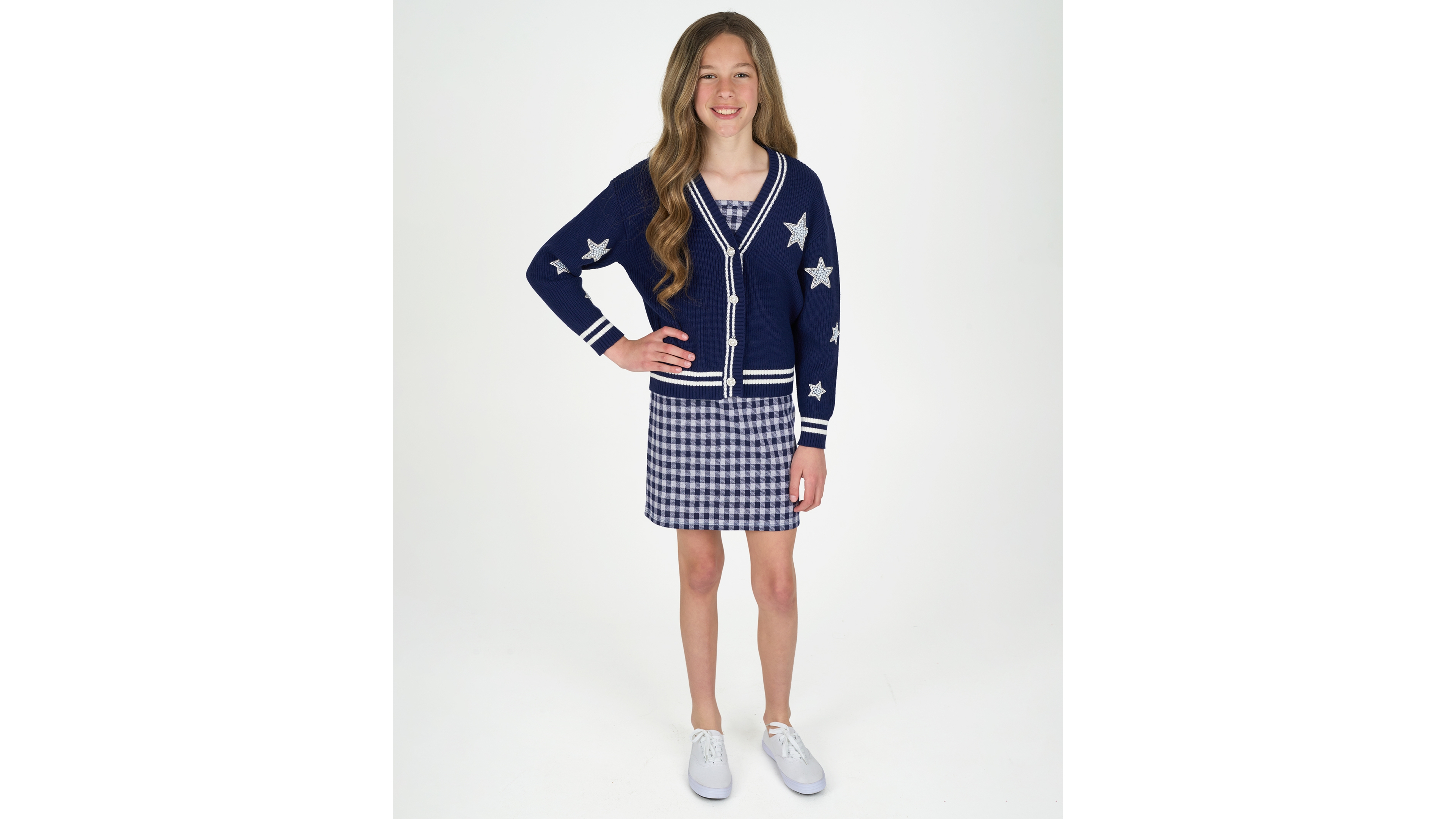 Rare Editions Girls 7-16 Varsity Cardigan with Gingham Dress, 2-Piece Set
