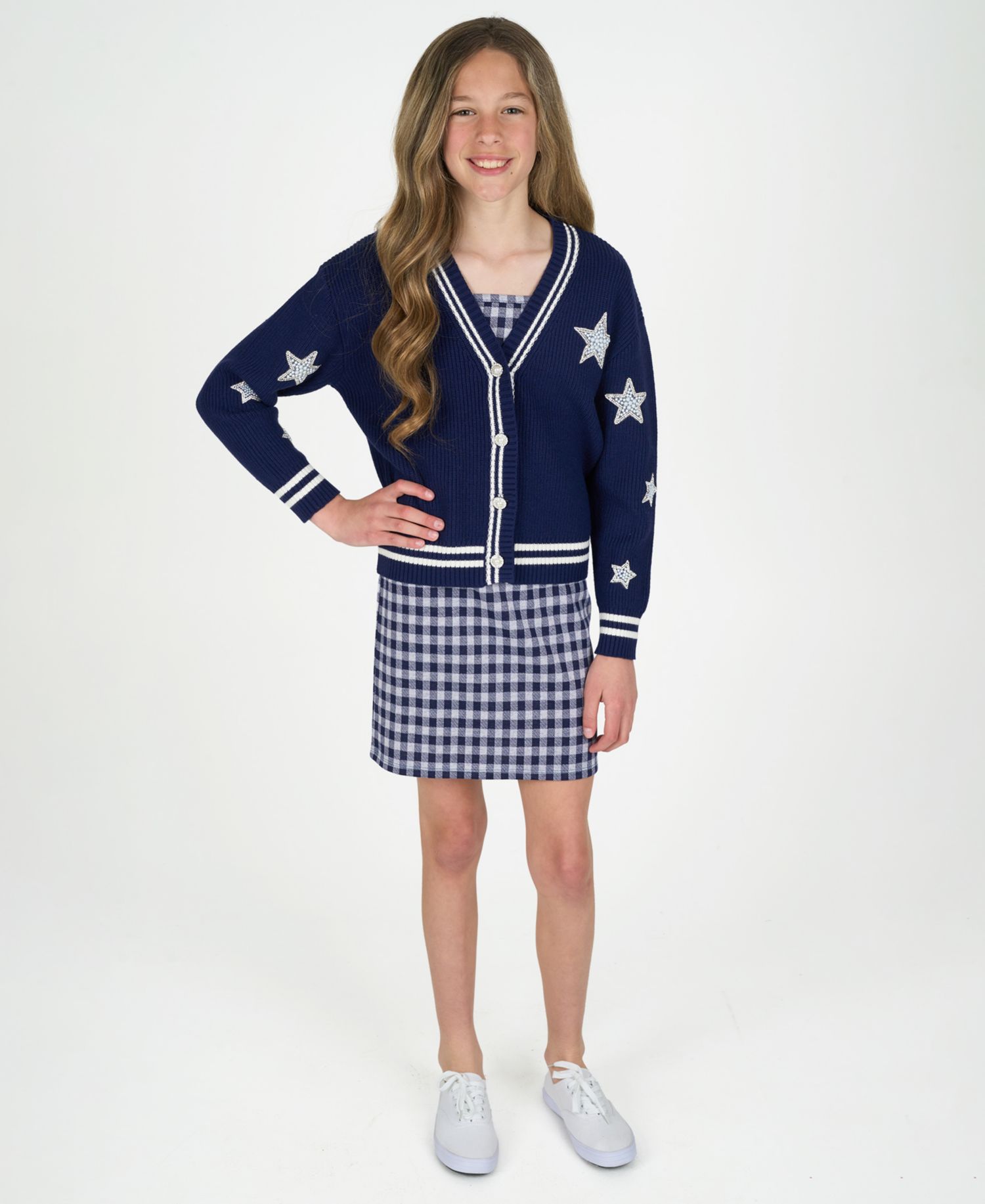 Girls' 7-16 Varsity Cardigan with Gingham Dress, 2-Piece Set