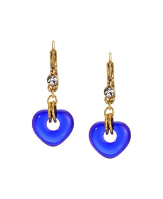 Gold Tone Blue Glass Heart Drop Earrings