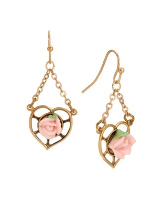 Gold Tone Heart Porcelain Rose Earrings