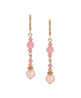 Gold Tone Pink Bead Drop Earrings