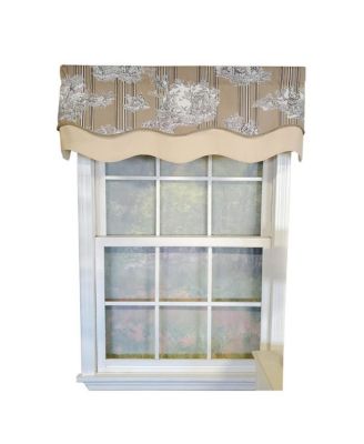 French Tableau Classic Toile Stripe and Solid Fabric Gimp Trim Ivory Lining No Header Glory Valance 50" X 16" Camel