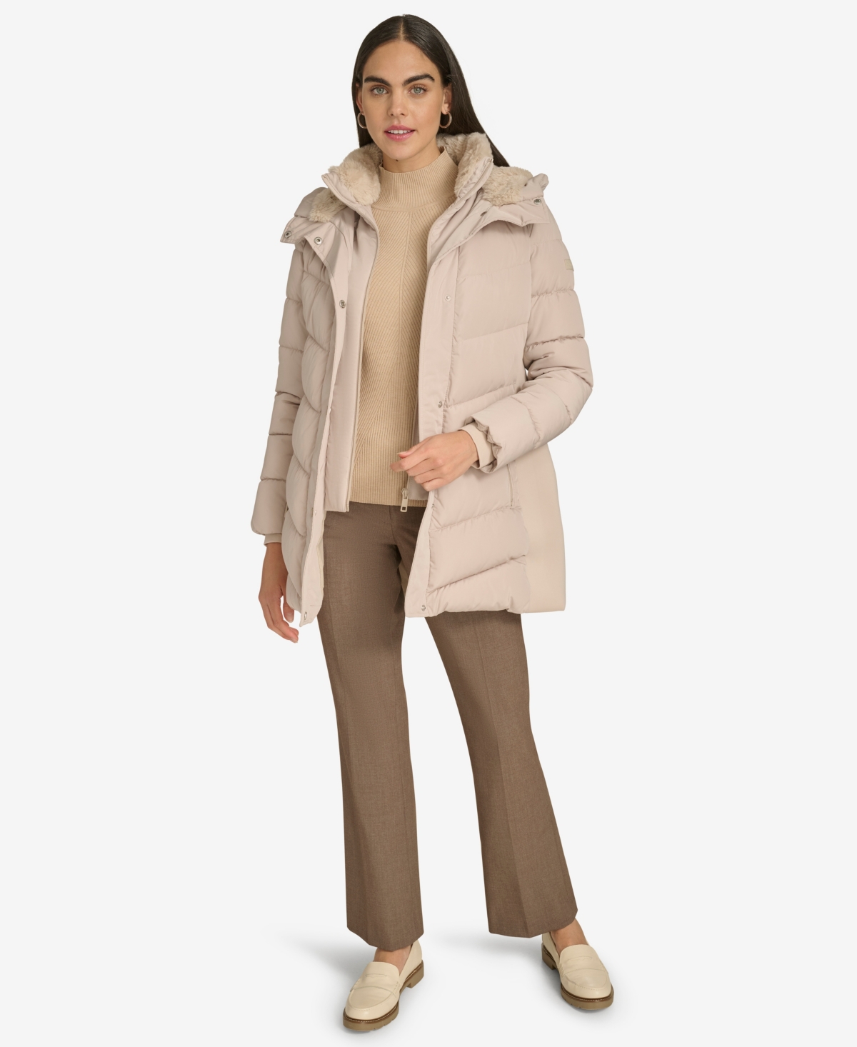 Calvin Klein Women's Lined Hooded Puffer Coat In Brown
