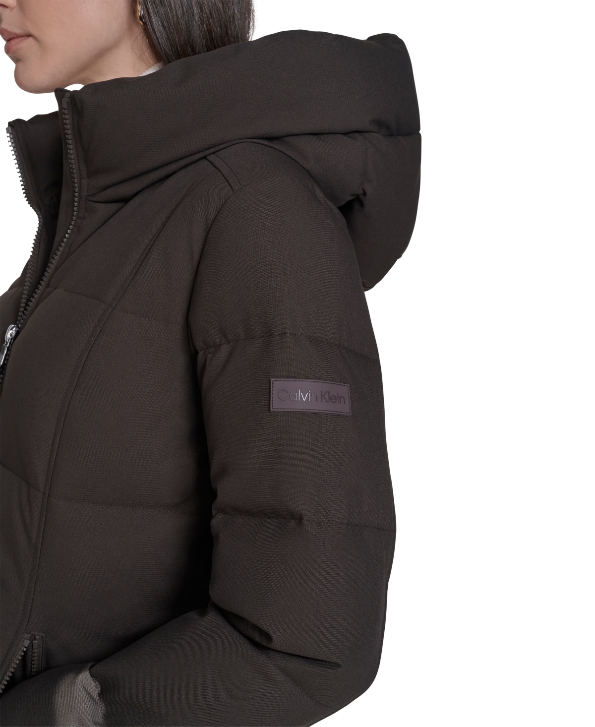 Calvin Klein Women's Stand Collar Hooded Puffer Coat In Brown