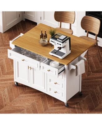 CASAINC 52" Wood Rolling Drop Leaf with Spice Rack, Towel Rack, Doors, Drawers & Adjustable Shelf Kitchen Island