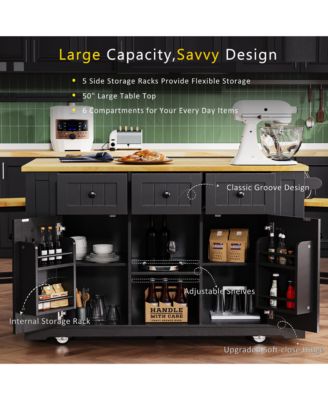 CASAINC 50" 3 Pc. Set Rubber Wood, Bamboo Drop Leaf, Power Outlet, Drawers, Racks, Bar Stools Kitchen Island
