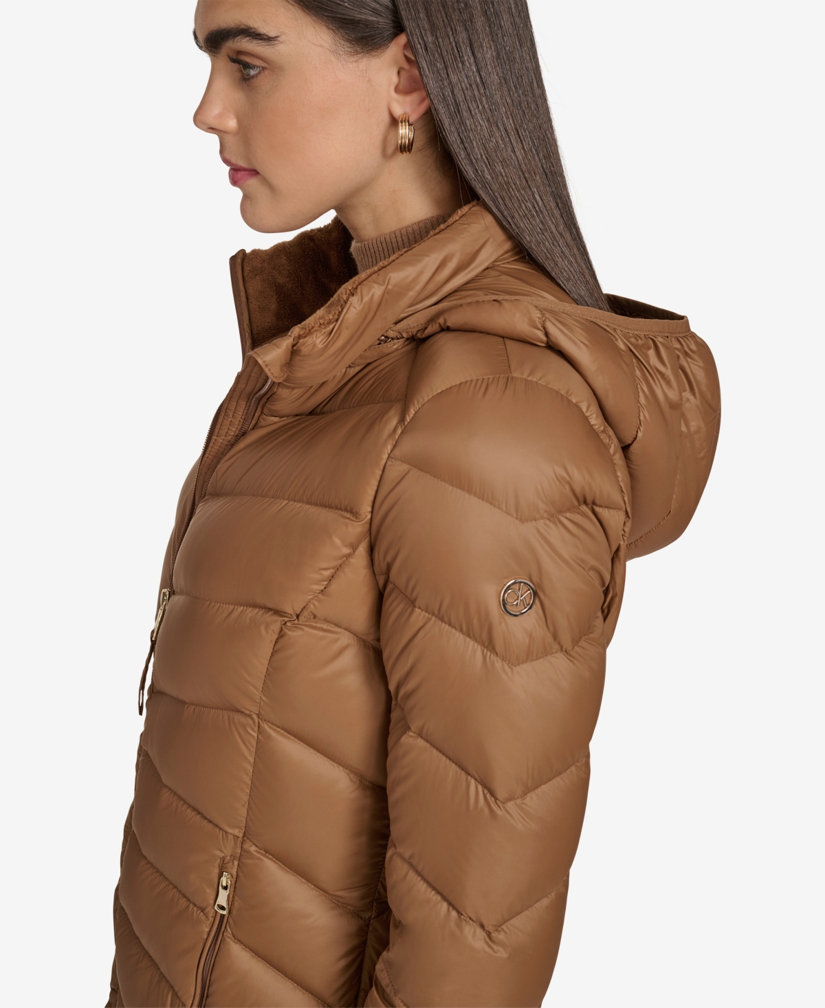 Calvin Klein Women's Short Faux Fur Collar Puffer Jacket In Brown