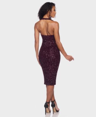 Junior's Sequin Halter Cowl Neck Midi Dress