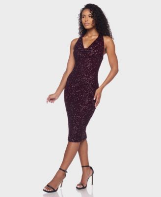 Junior's Sequin Halter Cowl Neck Midi Dress