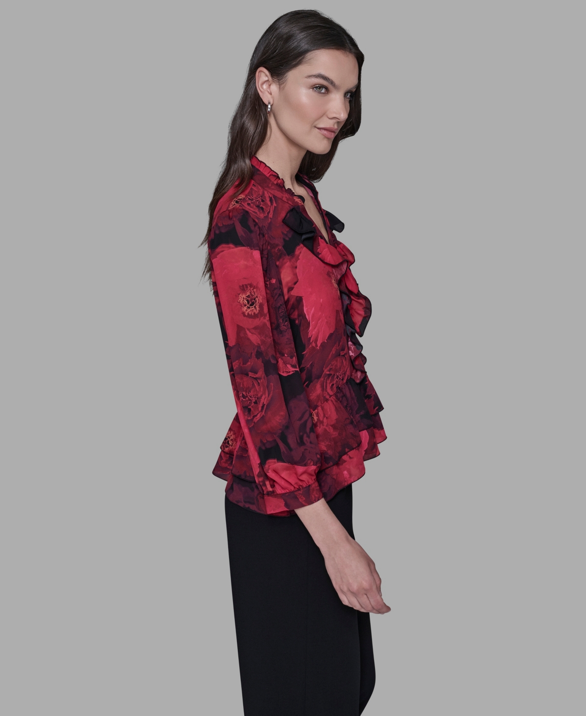 Karl Lagerfeld Paris Women's V-Neck Floral Print Ruffle Detail Top