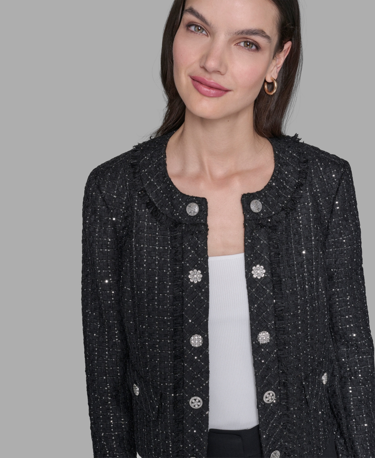 Karl Lagerfeld Women's Cropped Collarless Tweed Jacket In Black