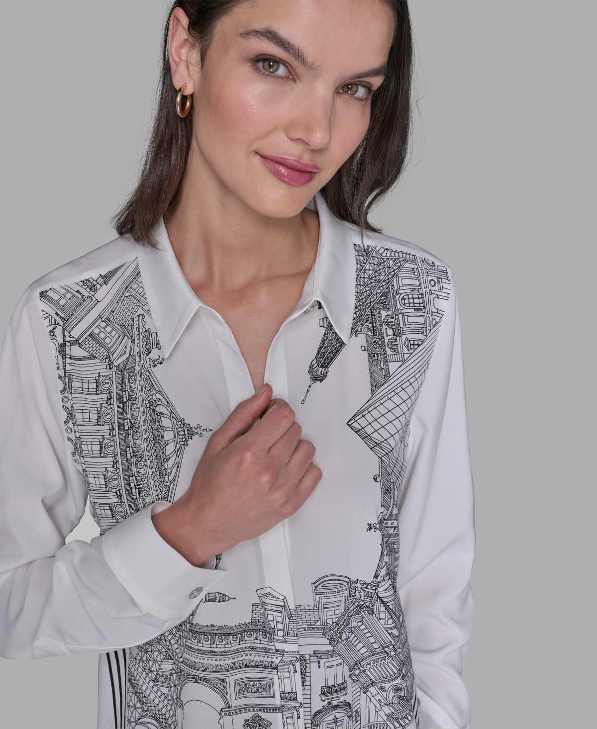 Karl Lagerfeld Women's Placed Print Button Down Top In White