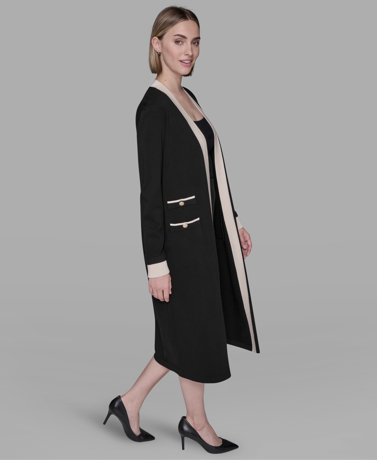 Karl Lagerfeld Framed Long Button Down Cardigan Sweater In Black