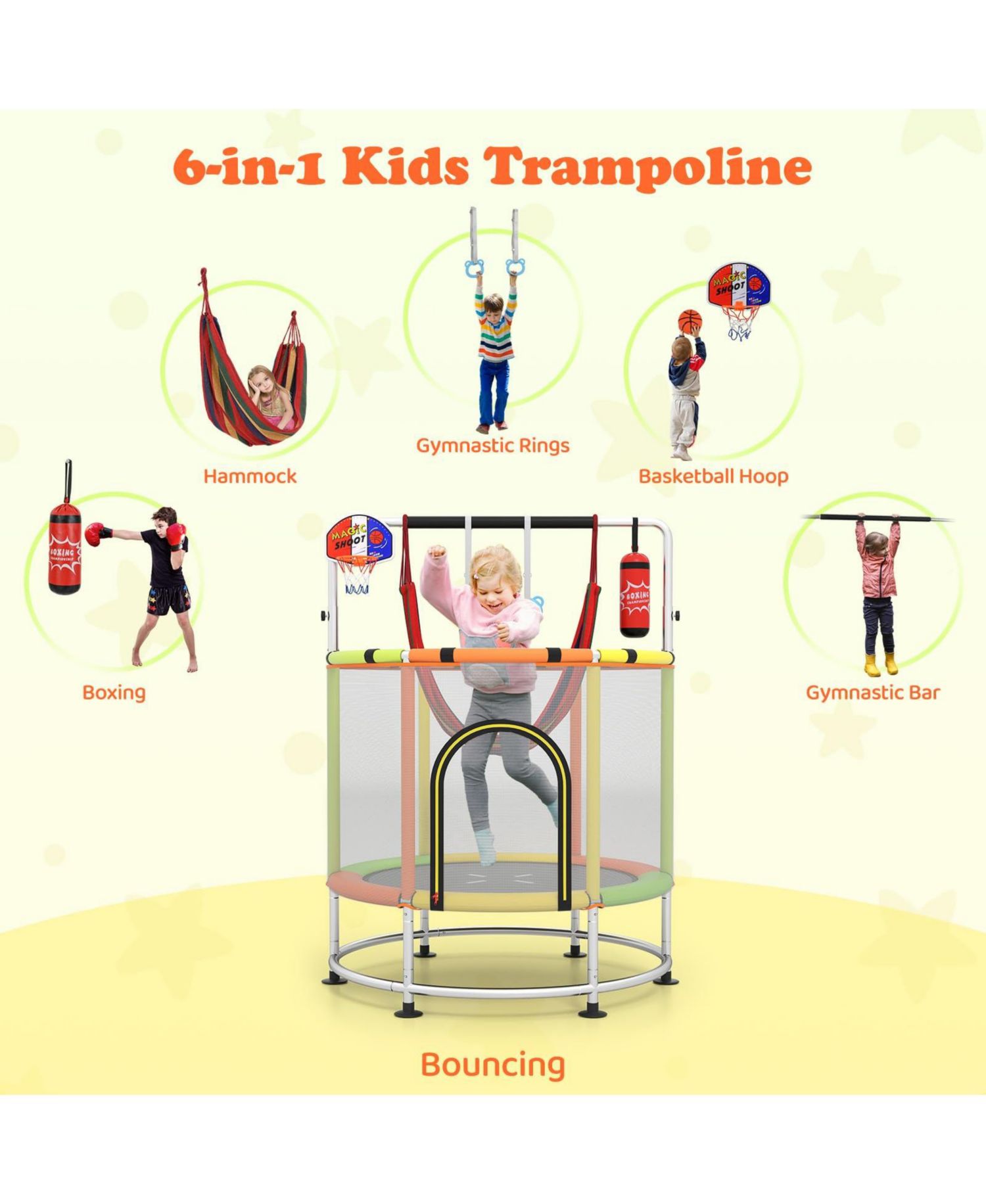 Kids Ages 3-6 6-in-1 Trampoline with Safety Net