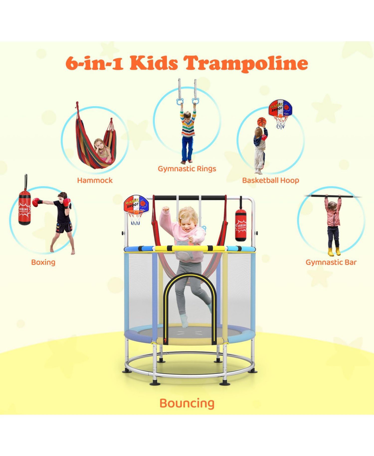 Kids Ages 3-6 6-in-1 Trampoline with Safety Net