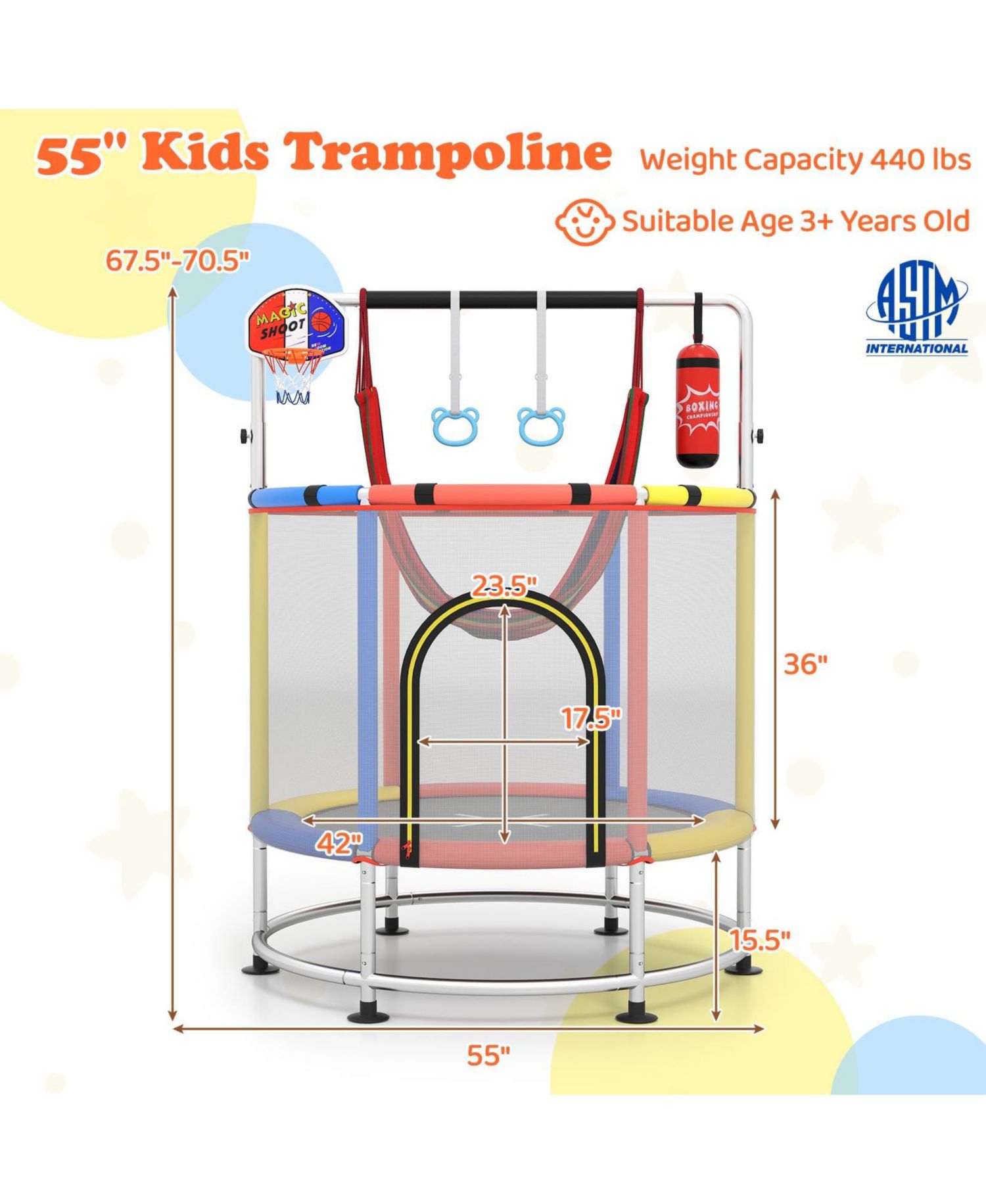 Kids Ages 3-6 6-in-1 Trampoline with Safety Net